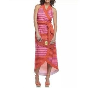 Mudpie McCay Halter High Low Wrap Dress L NWOT Cruise Wear Orange Pink
